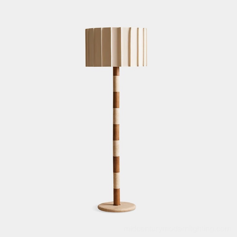 Calypso mid-century modern floor lamp full product shot walnut color beige pleated shade travertine marble base