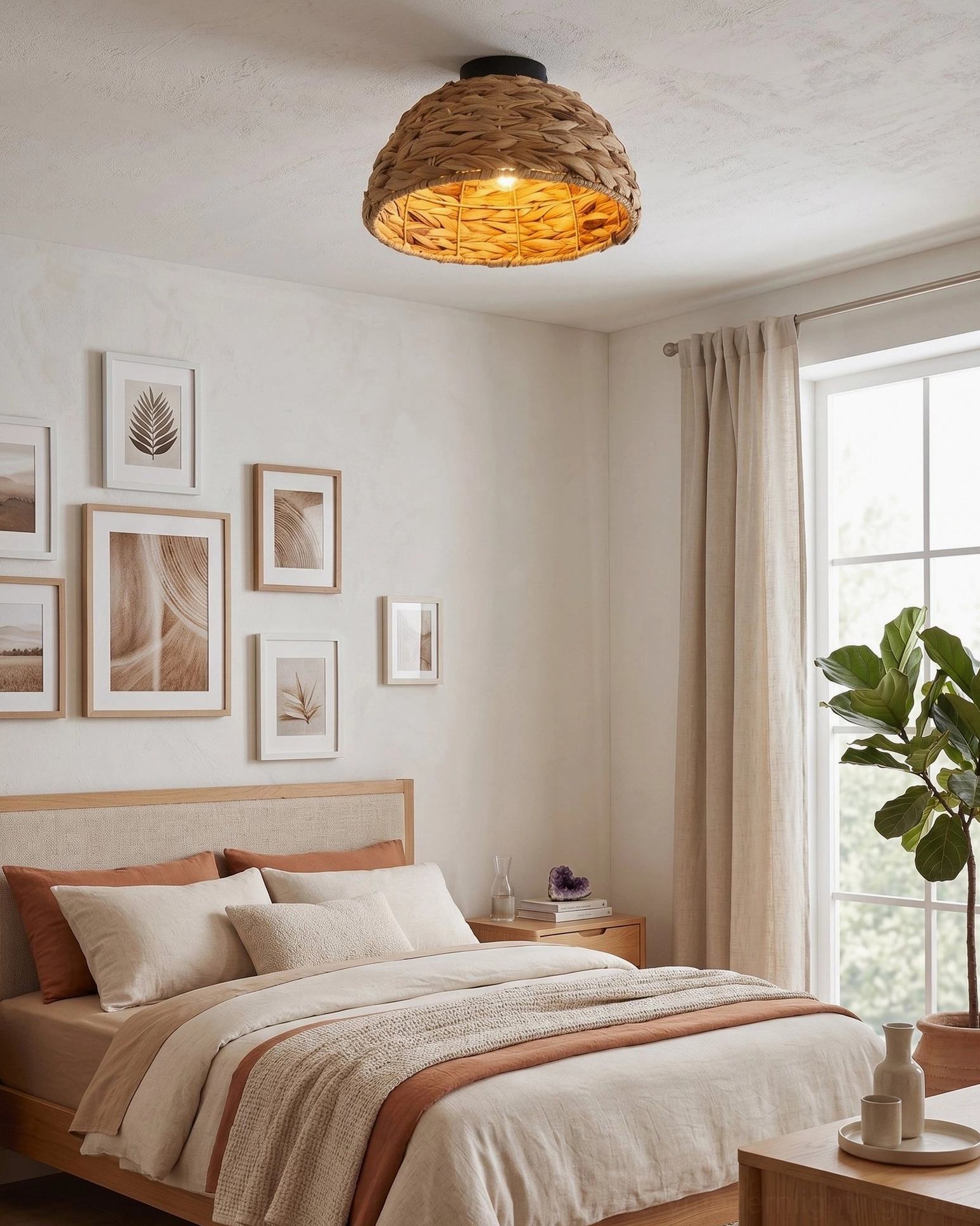 Cambria dome ceiling light illuminated in minimalist warm bedroom creating soft ambient glow and cozy atmosphere