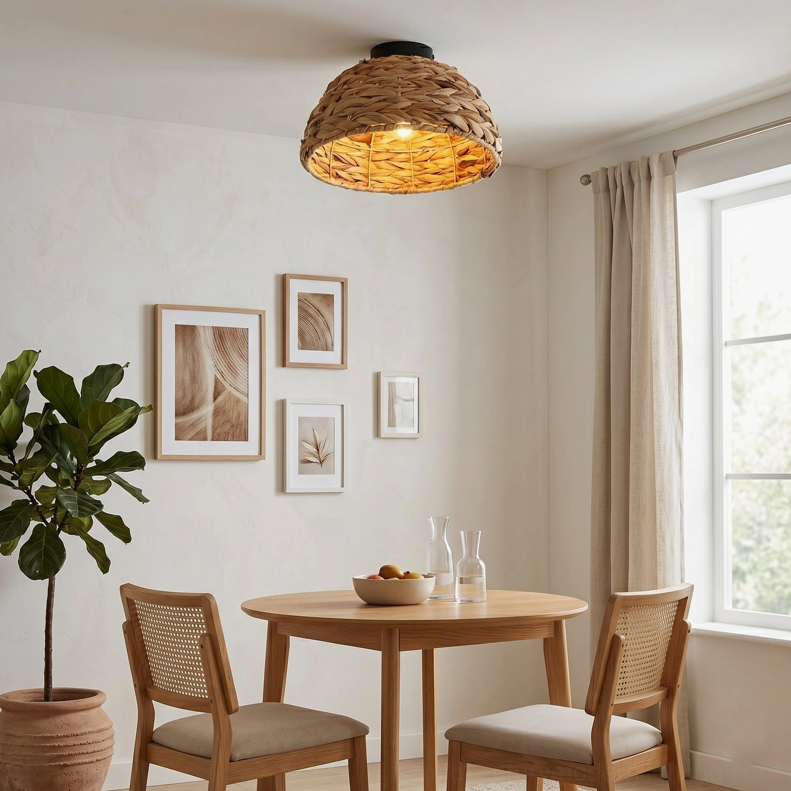 Cambria woven ceiling light in rustic dining nook setting with wooden table and neutral bohemian home decor