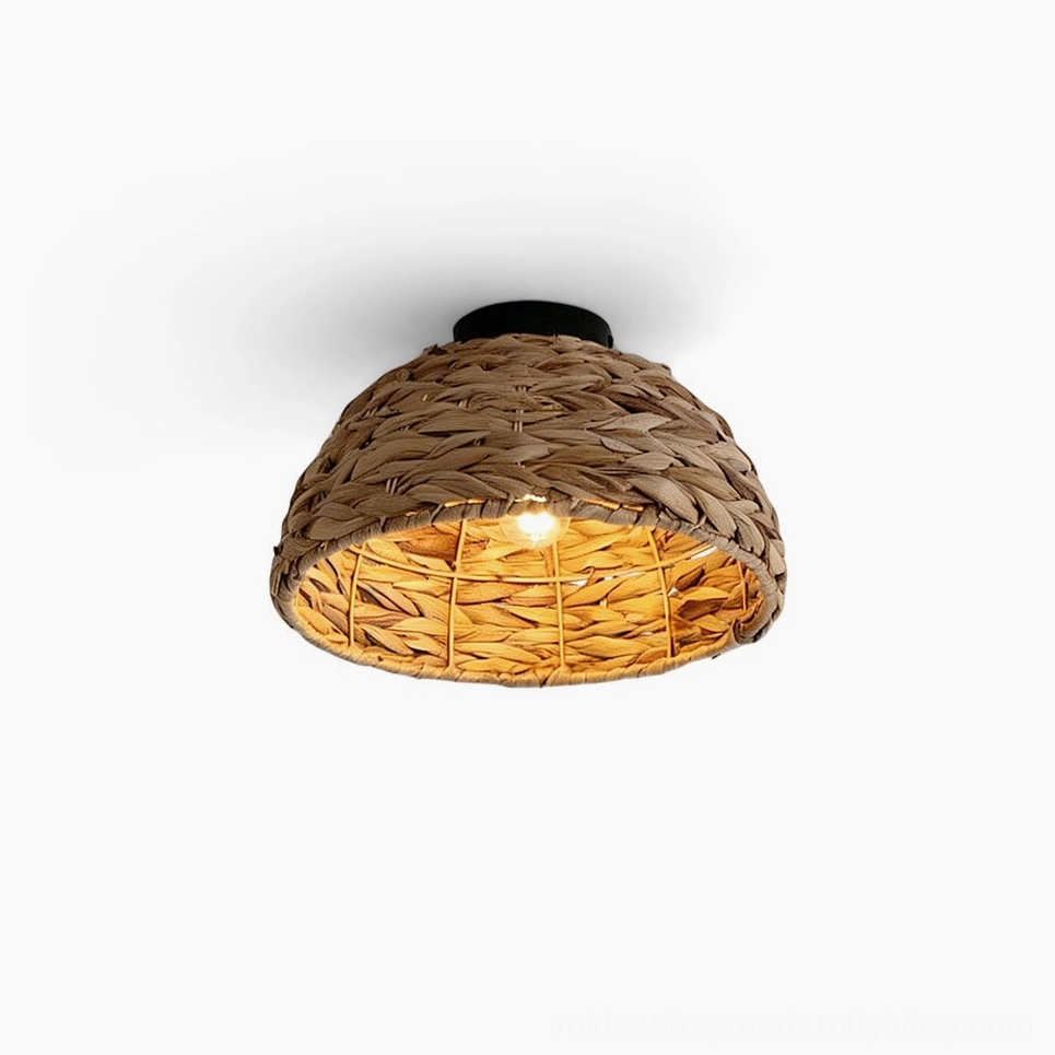 Cambria woven water hyacinth ceiling light close-up front view studio shot showing natural dome weave pattern and warm brown finish