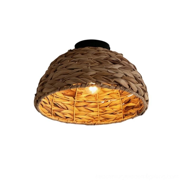 Cambria woven dome ceiling light direct front view white studio background full shade assembly black mount