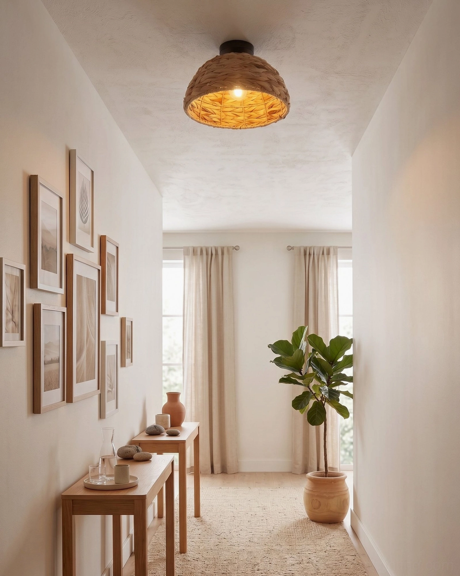 Cambria woven light fixture in residential hallway with gallery wall potted plants creating warm welcoming entry