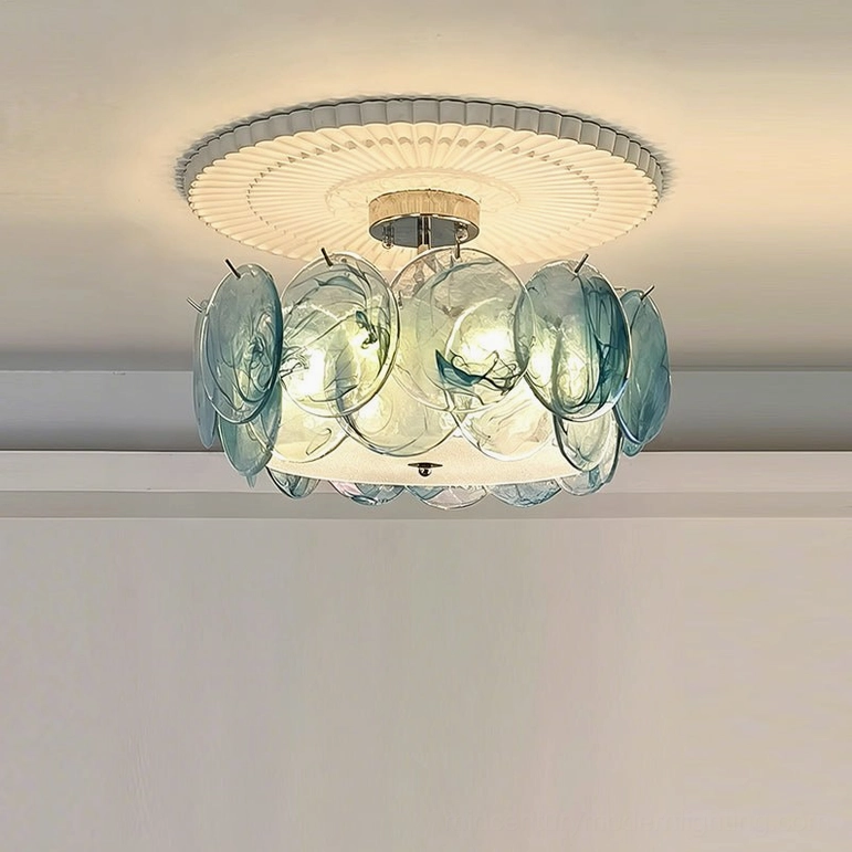 Camden blue-tinted glass ceiling light fixture, showcasing dusky blue marbled glass and chrome hardware details