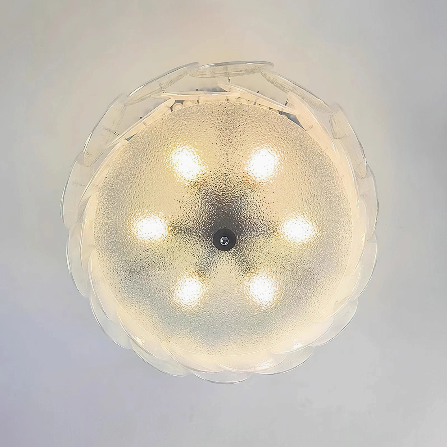 Camden glass ceiling light full product view, layered petal design with chrome hardware and fixture