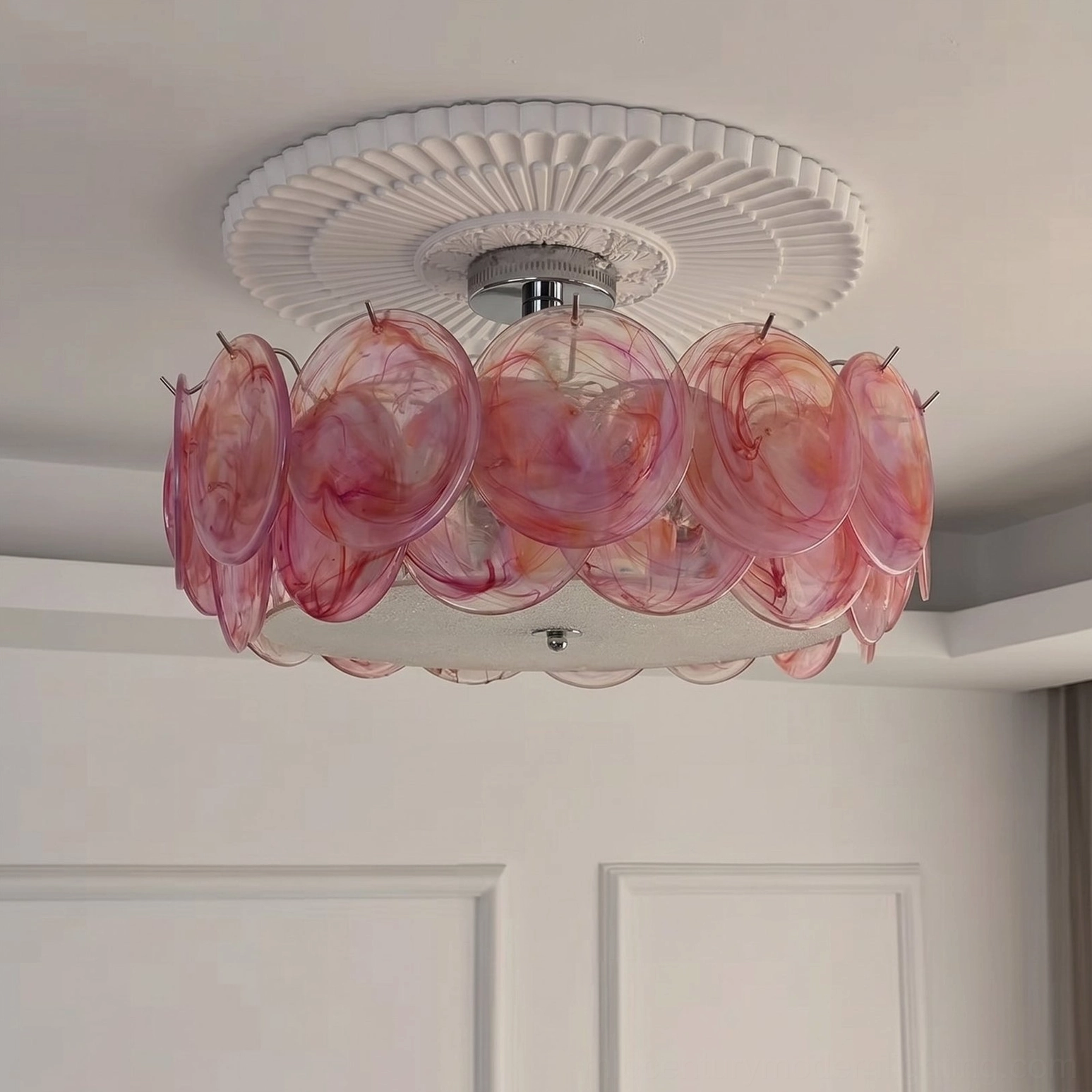Camden petal ceiling lamp with pink marbled glass and chrome hardware, overhead side angle view