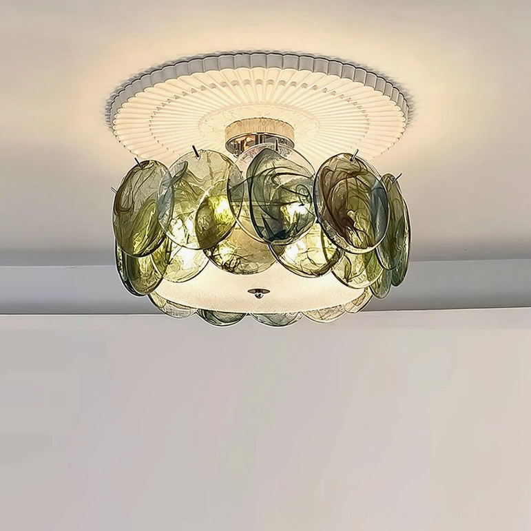Camden sage green marbled glass ceiling lamp, overhead view showing hand-struck glass disc matrix