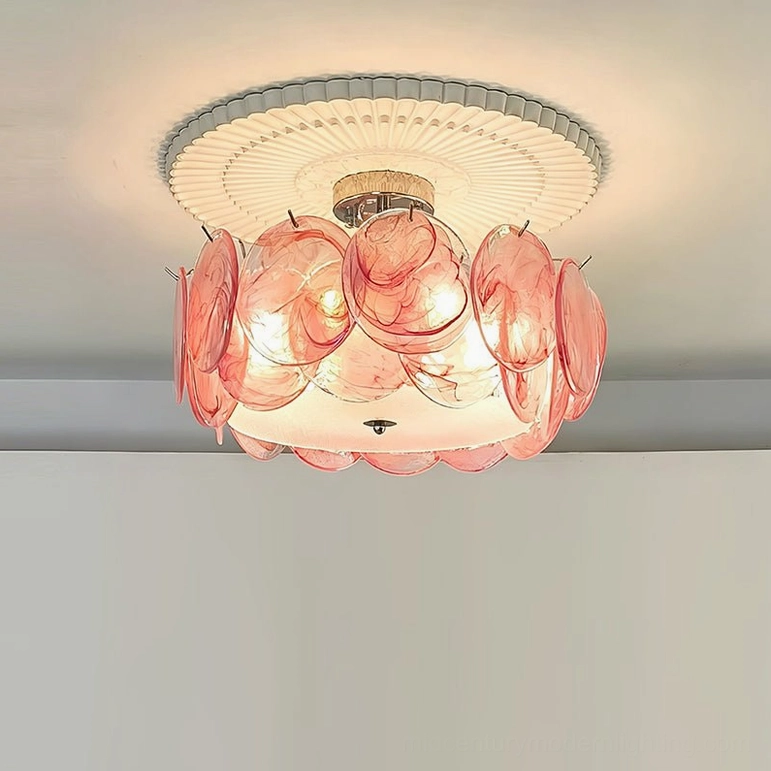 Camden pink glass ceiling fixture with scalloped ceiling plate, overhead view in contemporary interior