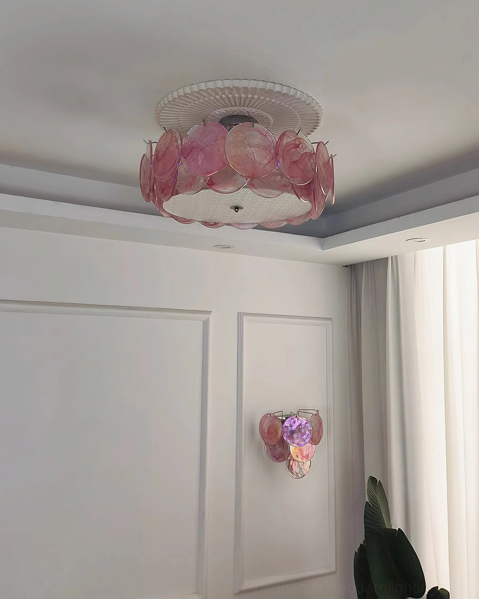 Camden flush mount ceiling light showing tiered glass petal construction, minimalist room setting