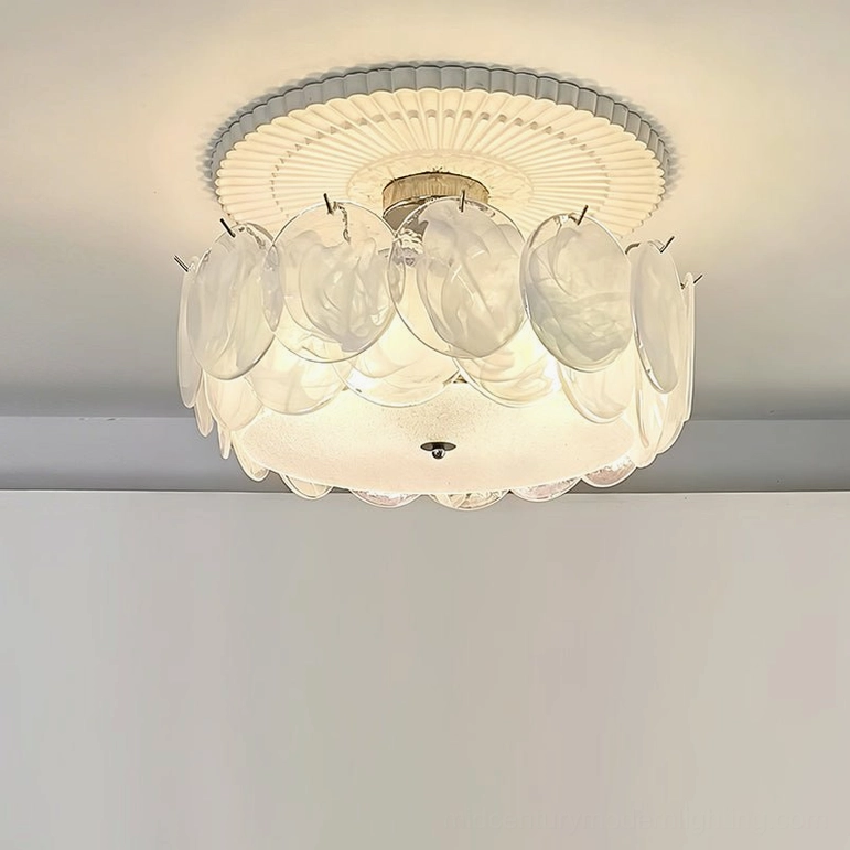 Camden white marbled glass flush mount ceiling light, close-up overhead showing layered glass discs and chrome base