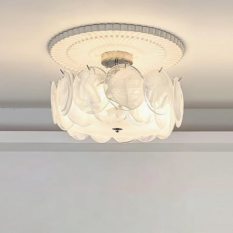 White frosted glass petal ceiling lamp with minimalist design, overhead frontal view in modern interior