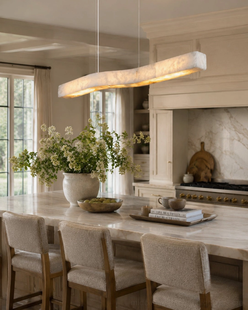 Close-up detail of Camur alabaster chandelier showing natural stone veining and warm integrated LED glow through translucent material