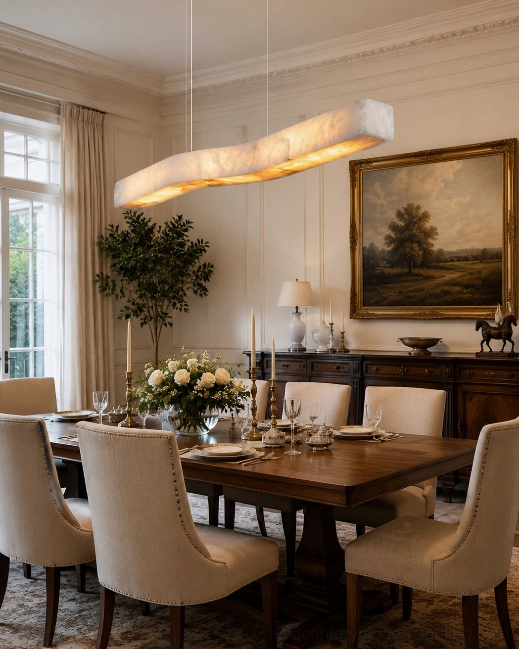 Camur linear stone chandelier installed above traditional dining table in elegant formal dining room interior design