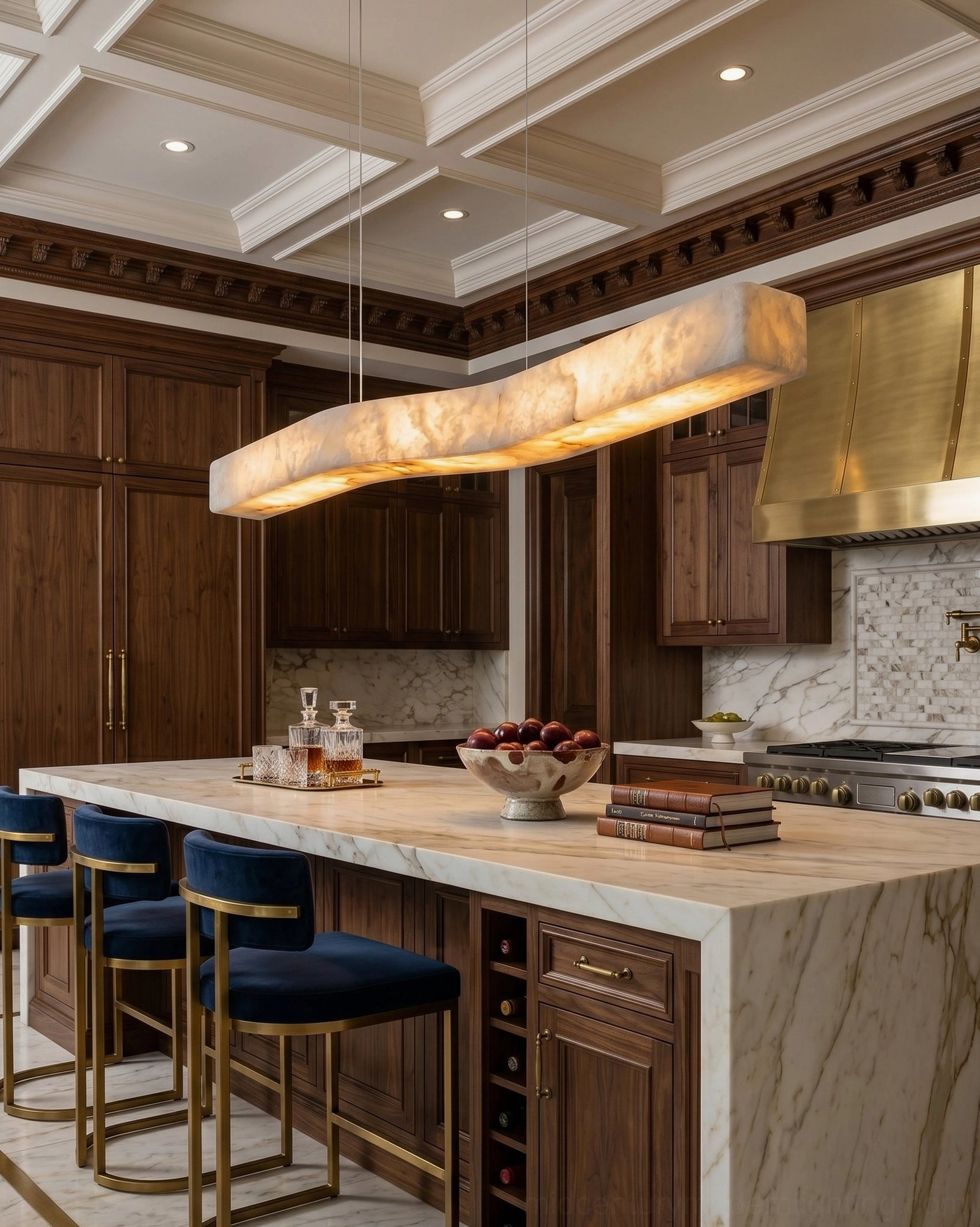Camur linear chandelier profile view highlighting slim 2-inch architectural frame and solid brass construction