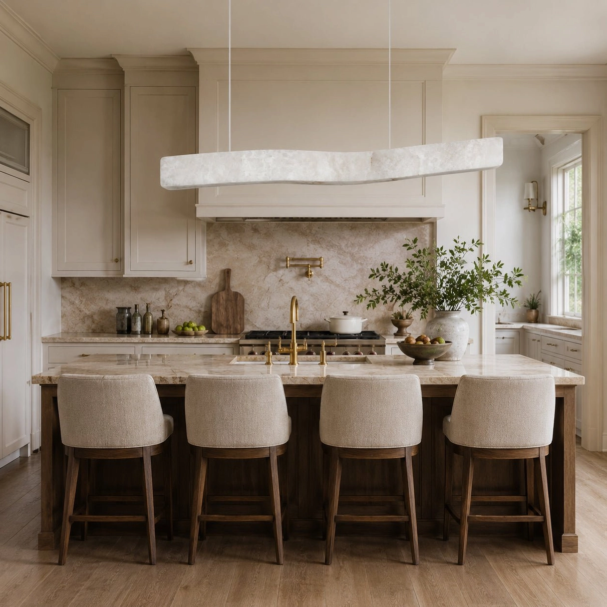 Camur modern linear chandelier suspended above white luxury kitchen island with minimalist cabinet design and integrated lighting
