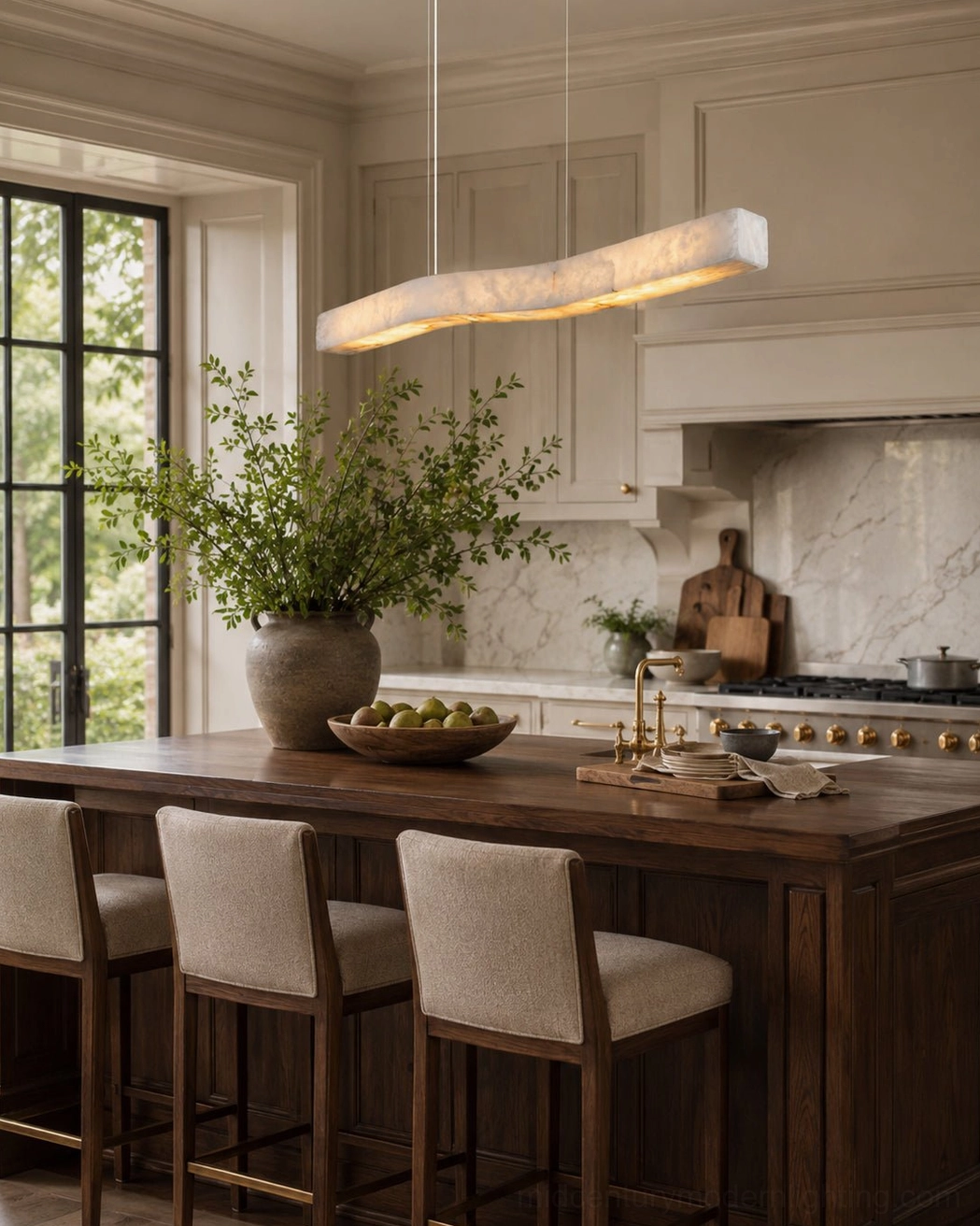 Camur handcrafted linear pendant with translucent alabaster stone illuminating modern neutral kitchen island space