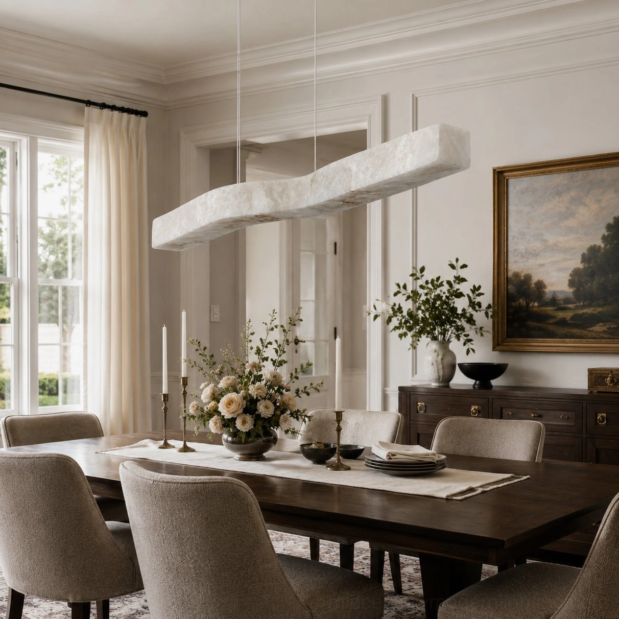 Camur alabaster stone pendant light illuminating classic neutral dining area with elegant traditional home decor styling