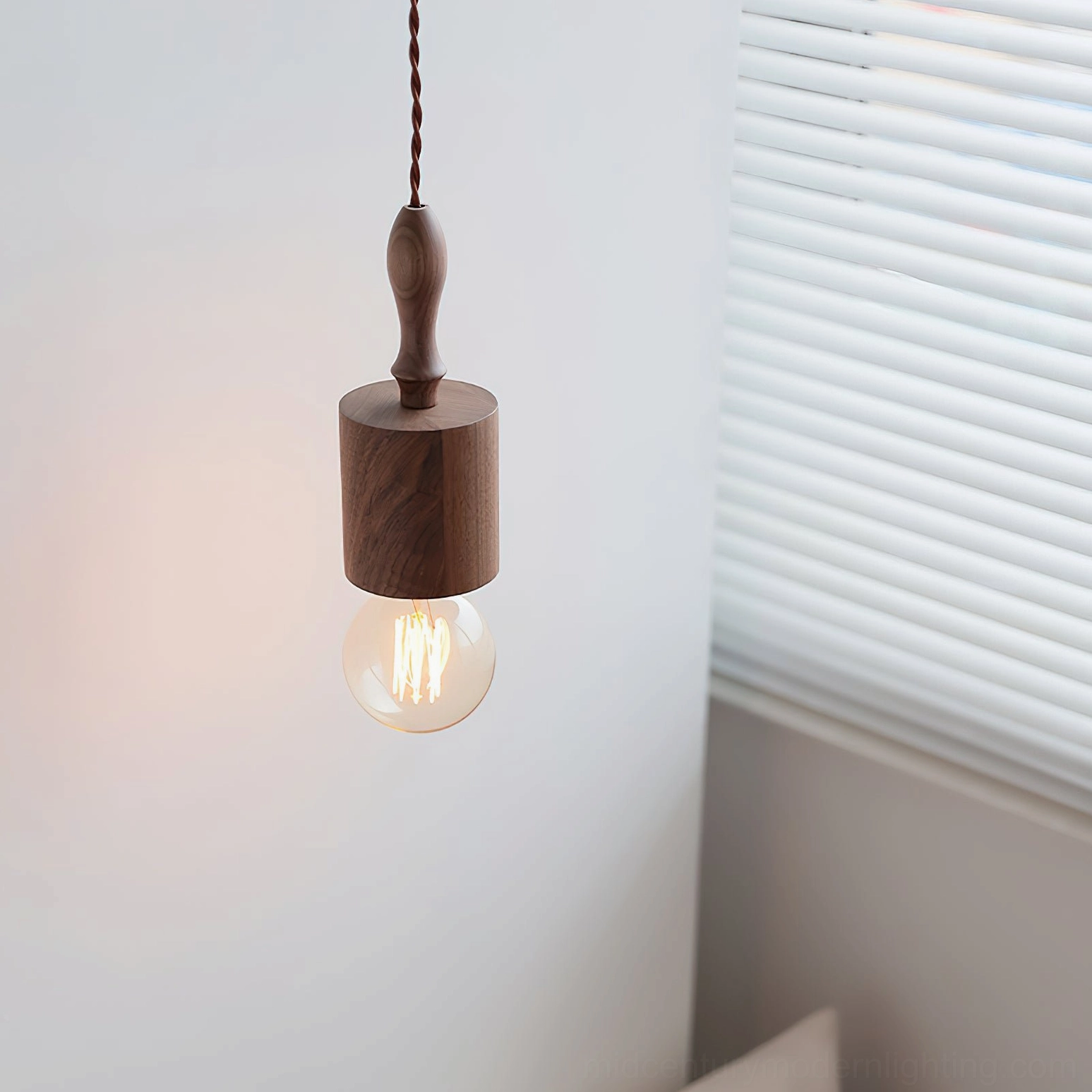 Cano dark wood cylindrical pendant light with glowing globe bulb, side close-up view