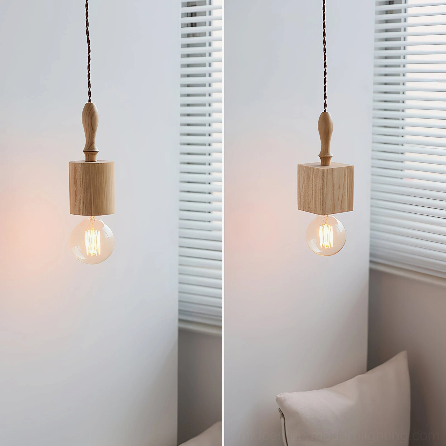 Cano light wood cylindrical pendant light with turned wooden finial, modern interior setting
