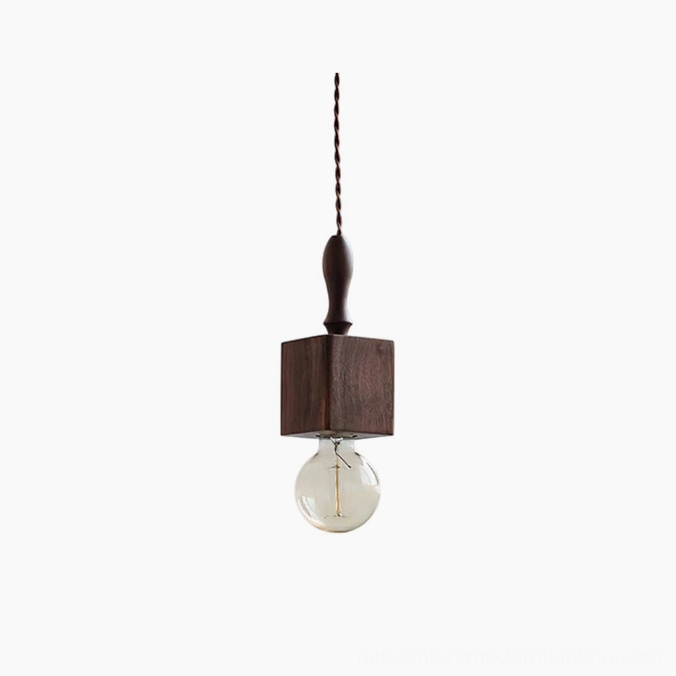 Cano handcrafted wooden pendant light with dark walnut square base and twisted cord, front view