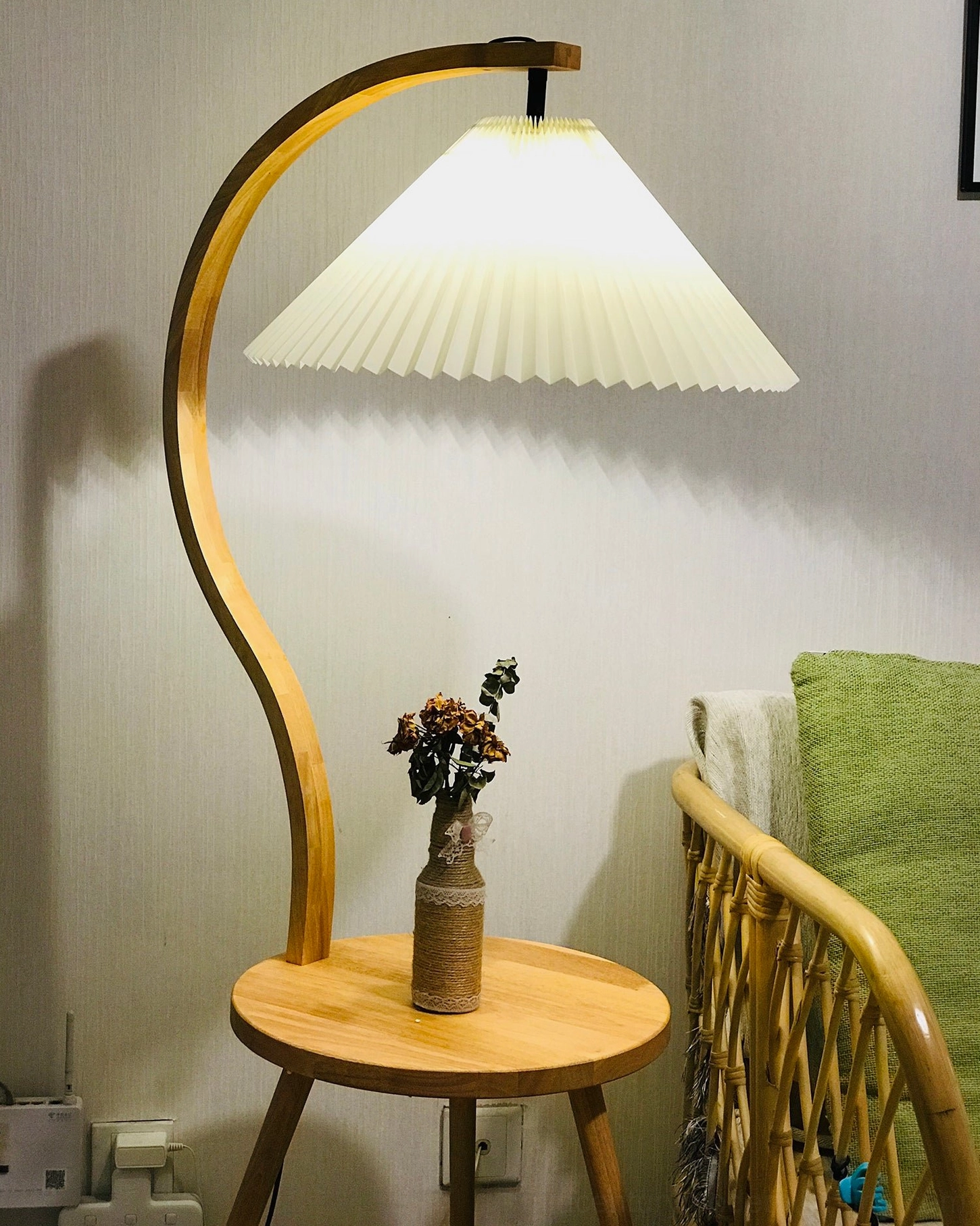 Caprani tray floor lamp with side table functionality in residential bedroom or living space