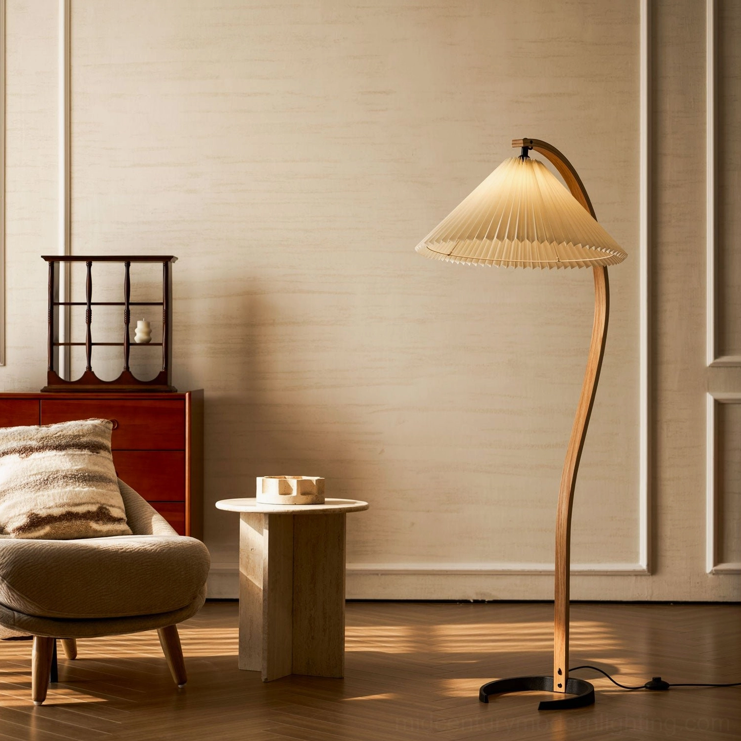 Caprani floor lamp in Scandinavian bedroom interior showing warm bedside lighting