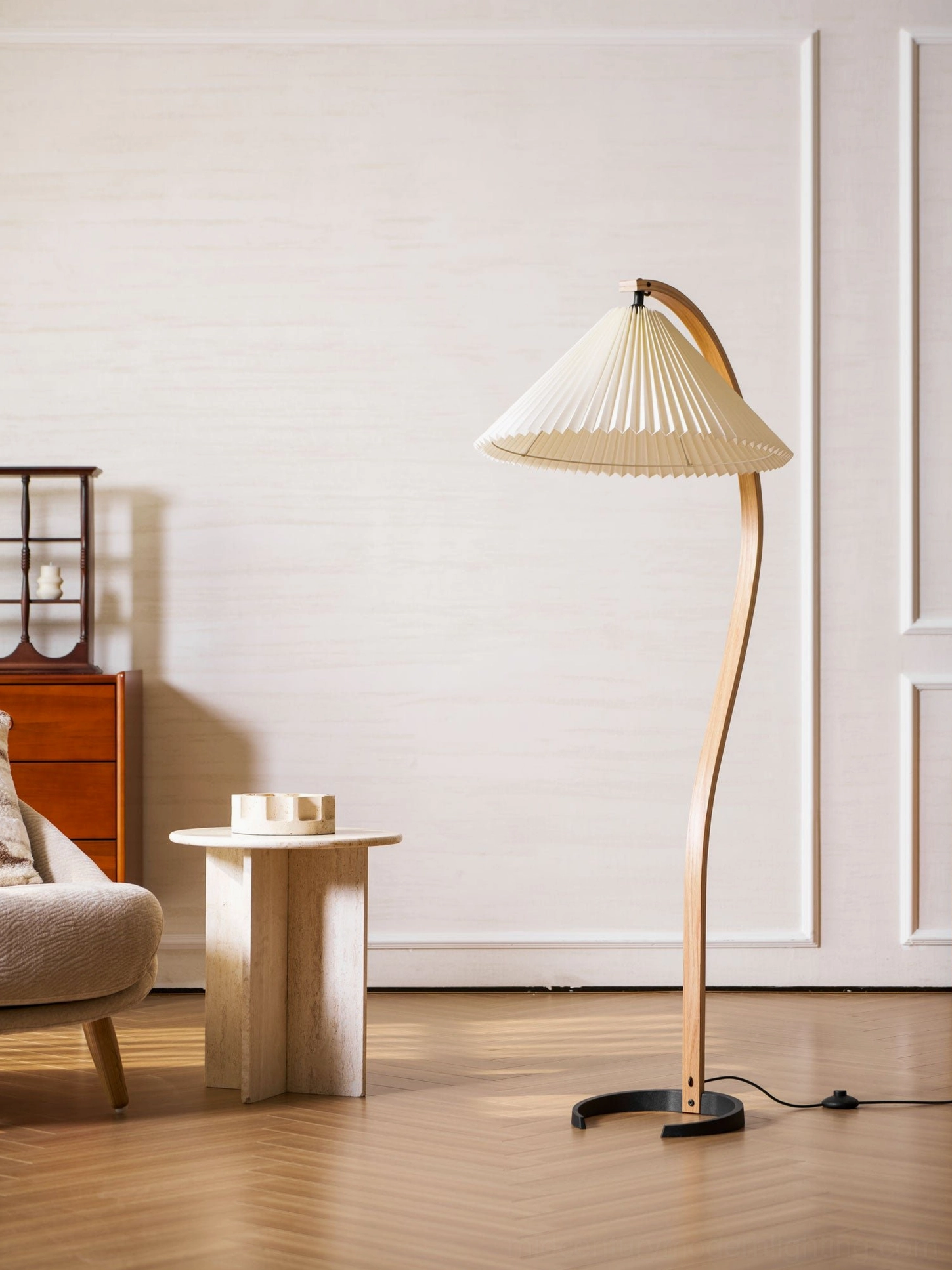 Caprani floor lamp curved beech stand detail showing wood grain and natural finish