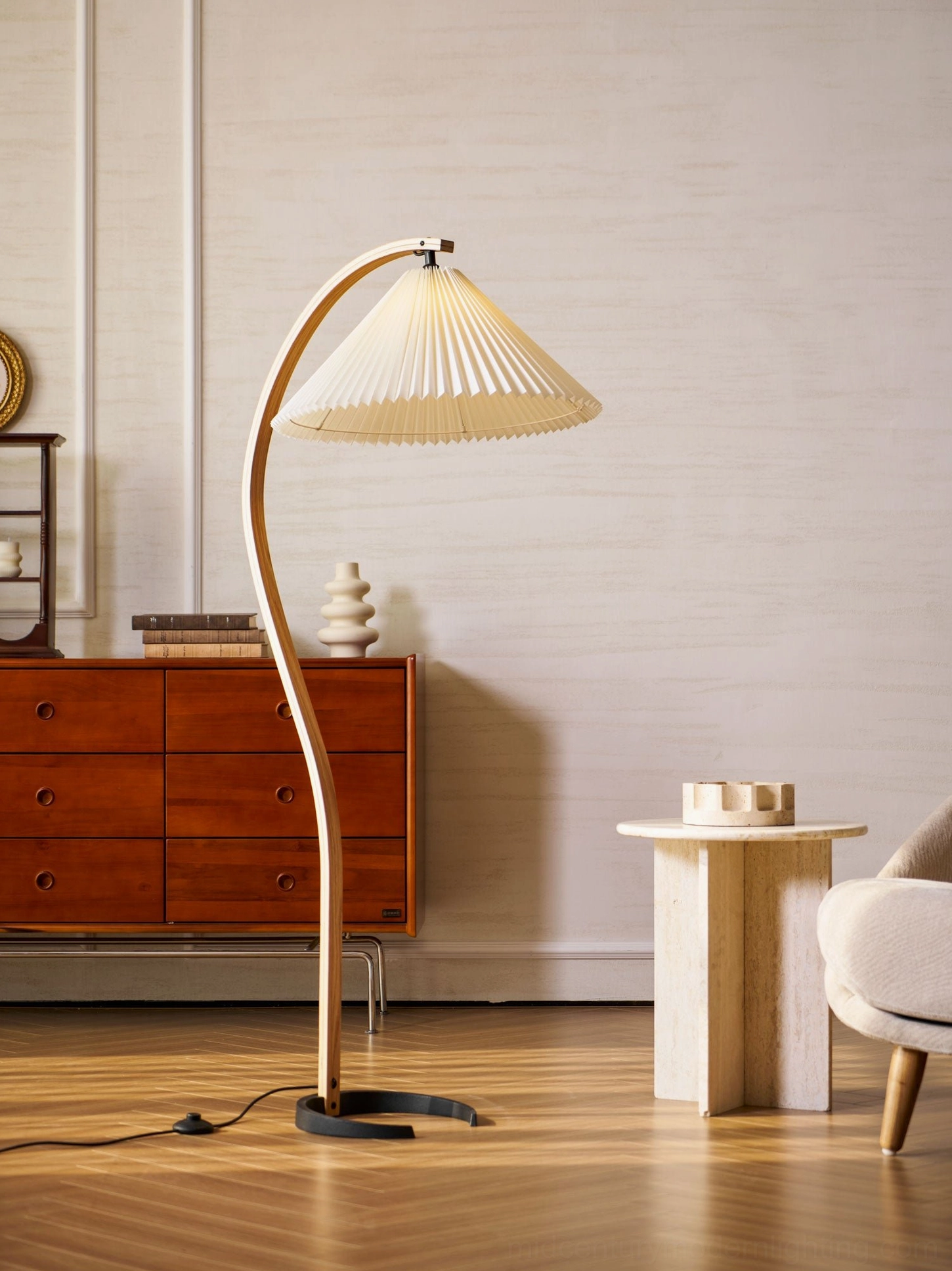 Caprani mid-century modern floor lamp lifestyle interior beside seating and ambient decor