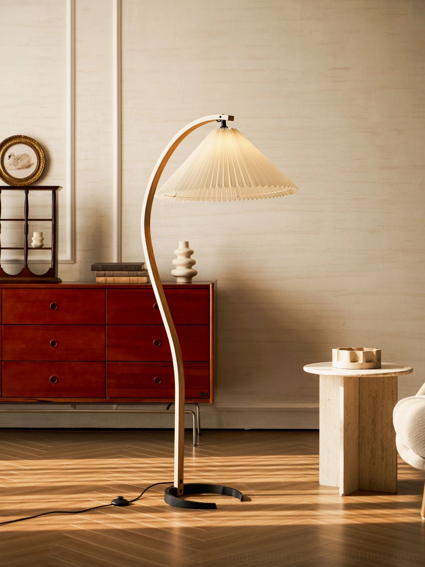 Caprani beech wood floor lamp foot switch cord detail showing on-off control