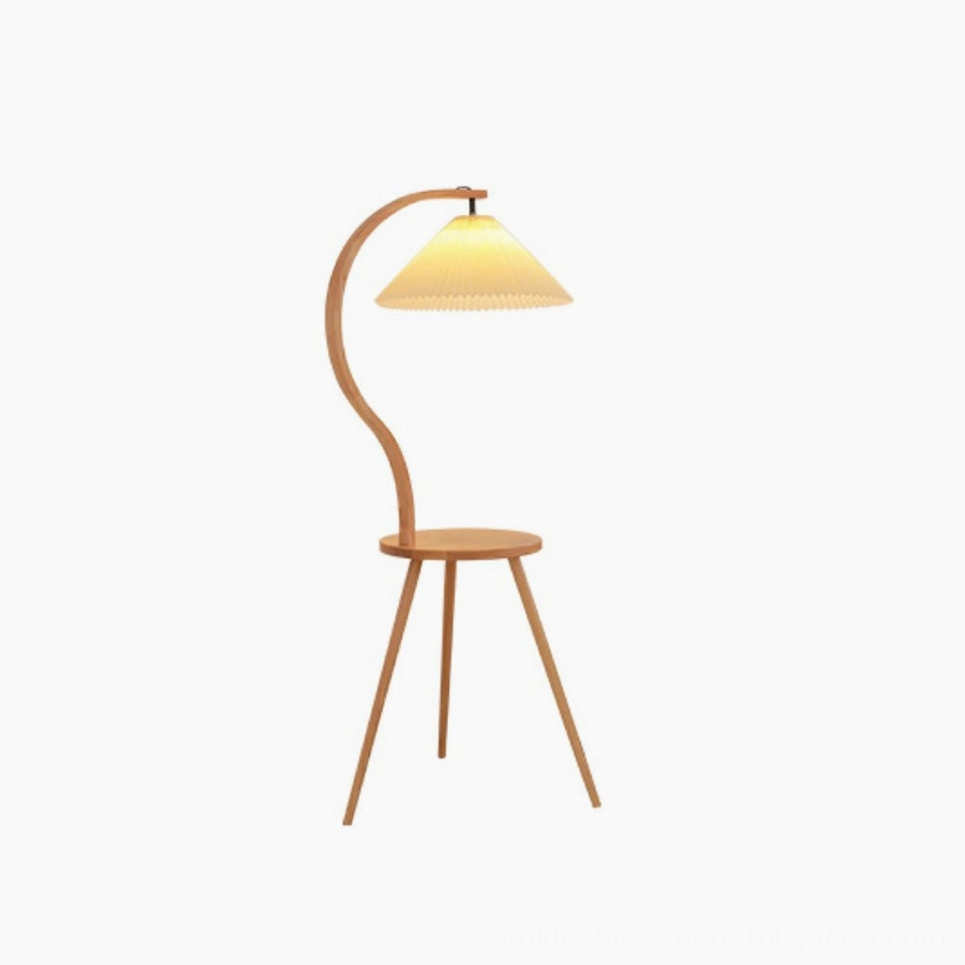 Caprani mid-century modern floor lamp with curved solid wood stand and integrated tray table front view