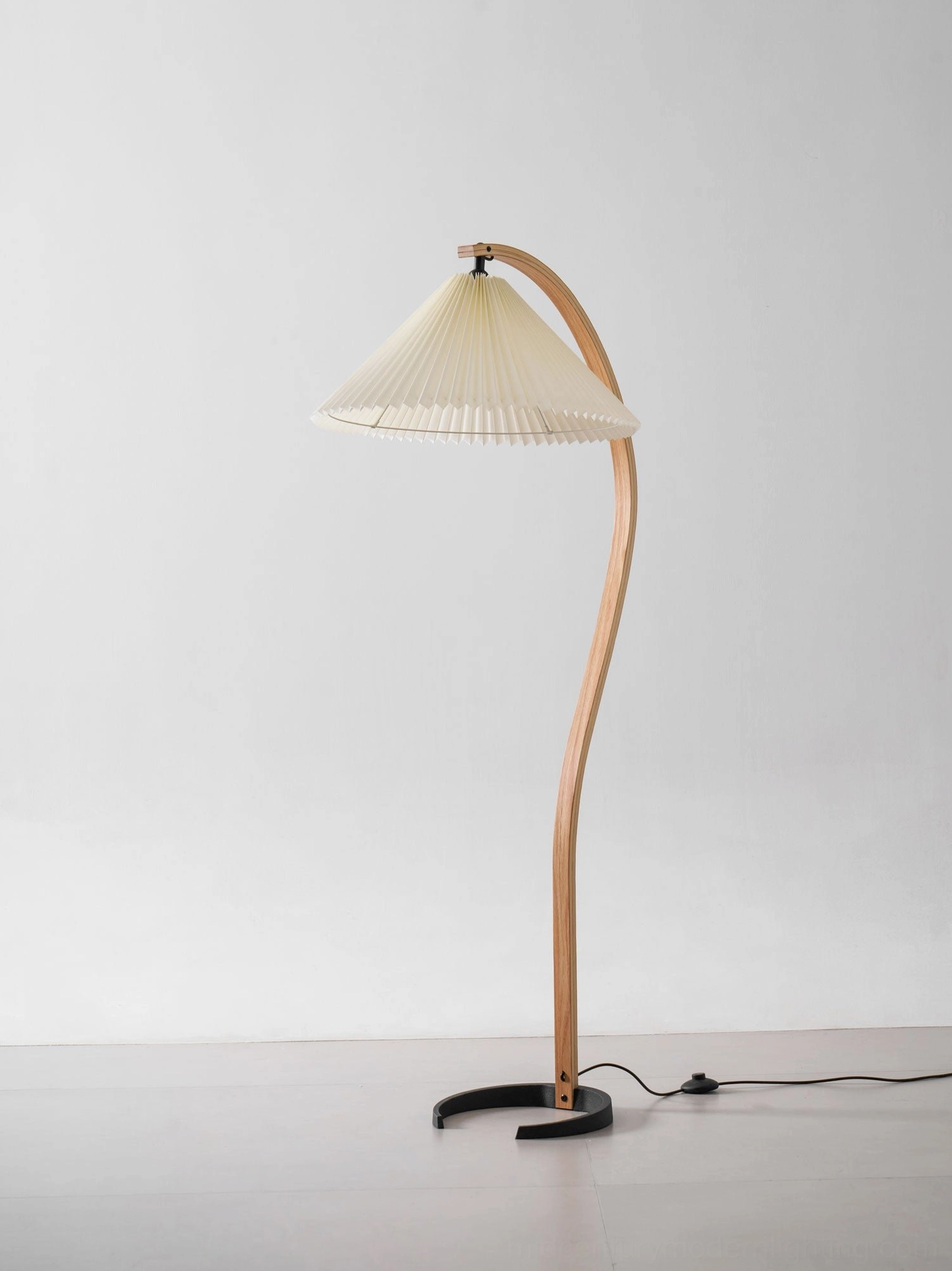 Caprani mid-century modern beech floor lamp product photography flat lay composition