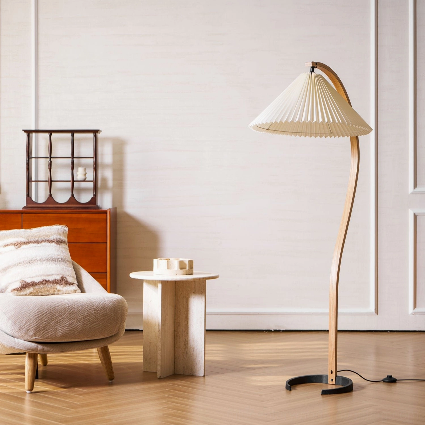 Caprani Scandinavian beech floor lamp studio photography neutral background full view