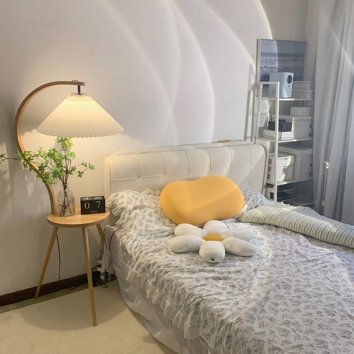 Caprani modern floor lamp with side table in Scandinavian or minimalist interior design style