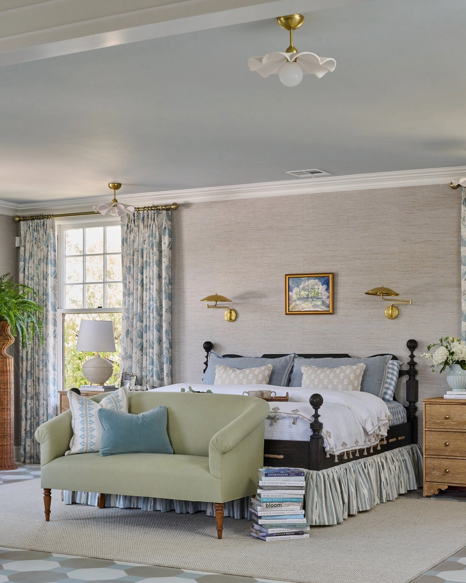 Capri ceramic ceiling lamp in master bedroom sitting area with framed wall art and gray neutral walls