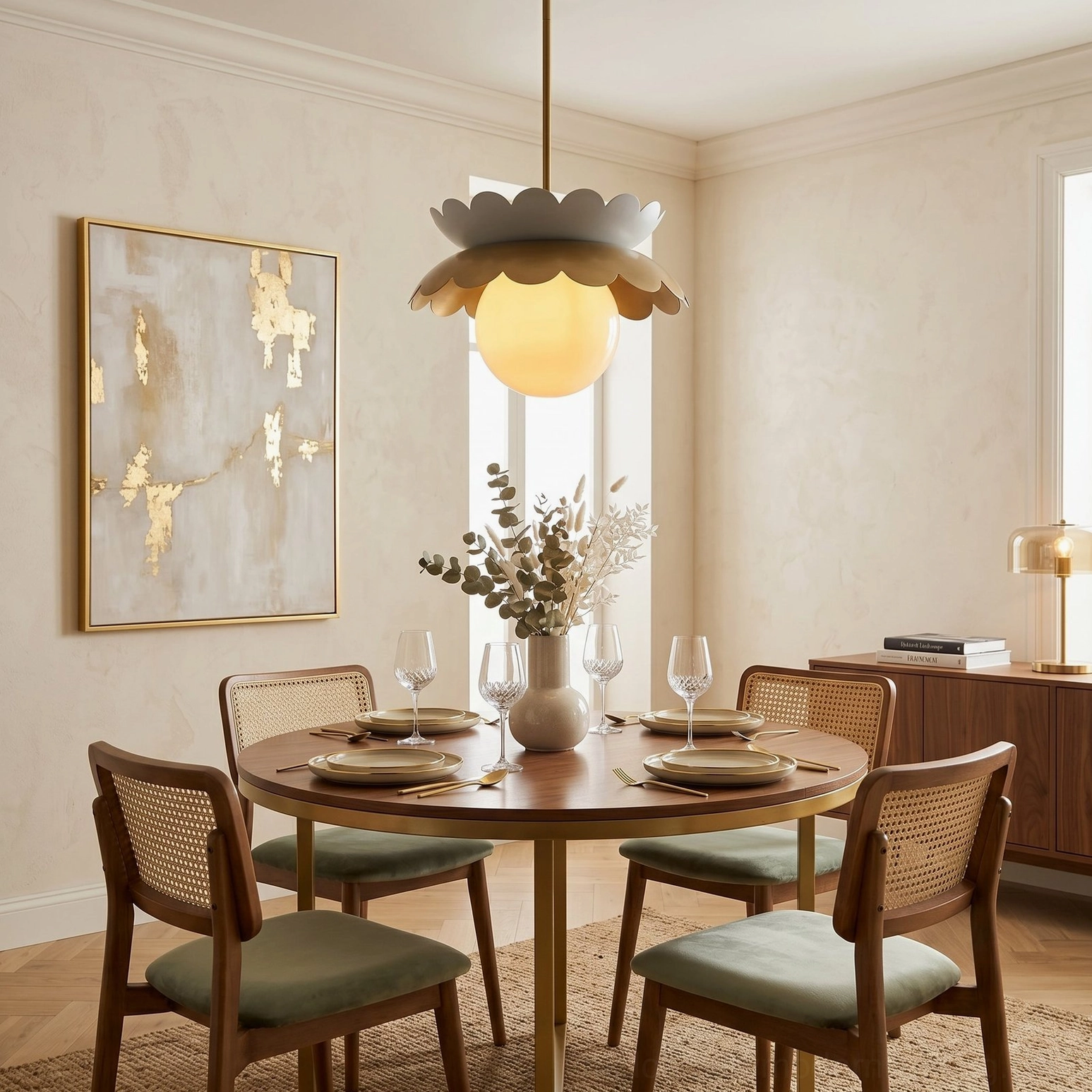 Capri scalloped pendant light hanging over round wooden dining table in warm residential space