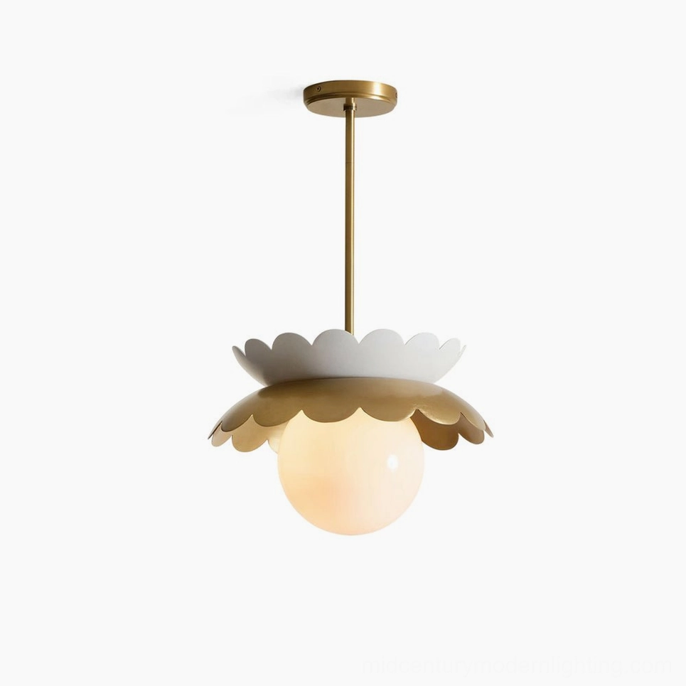Capri scalloped globe pendant light with gold brass hardware and frosted white glass, front studio view