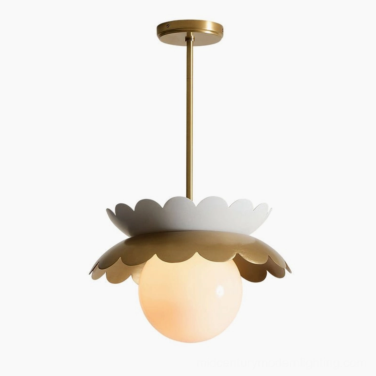 Capri mid-century modern globe pendant light gold and white scalloped design side view