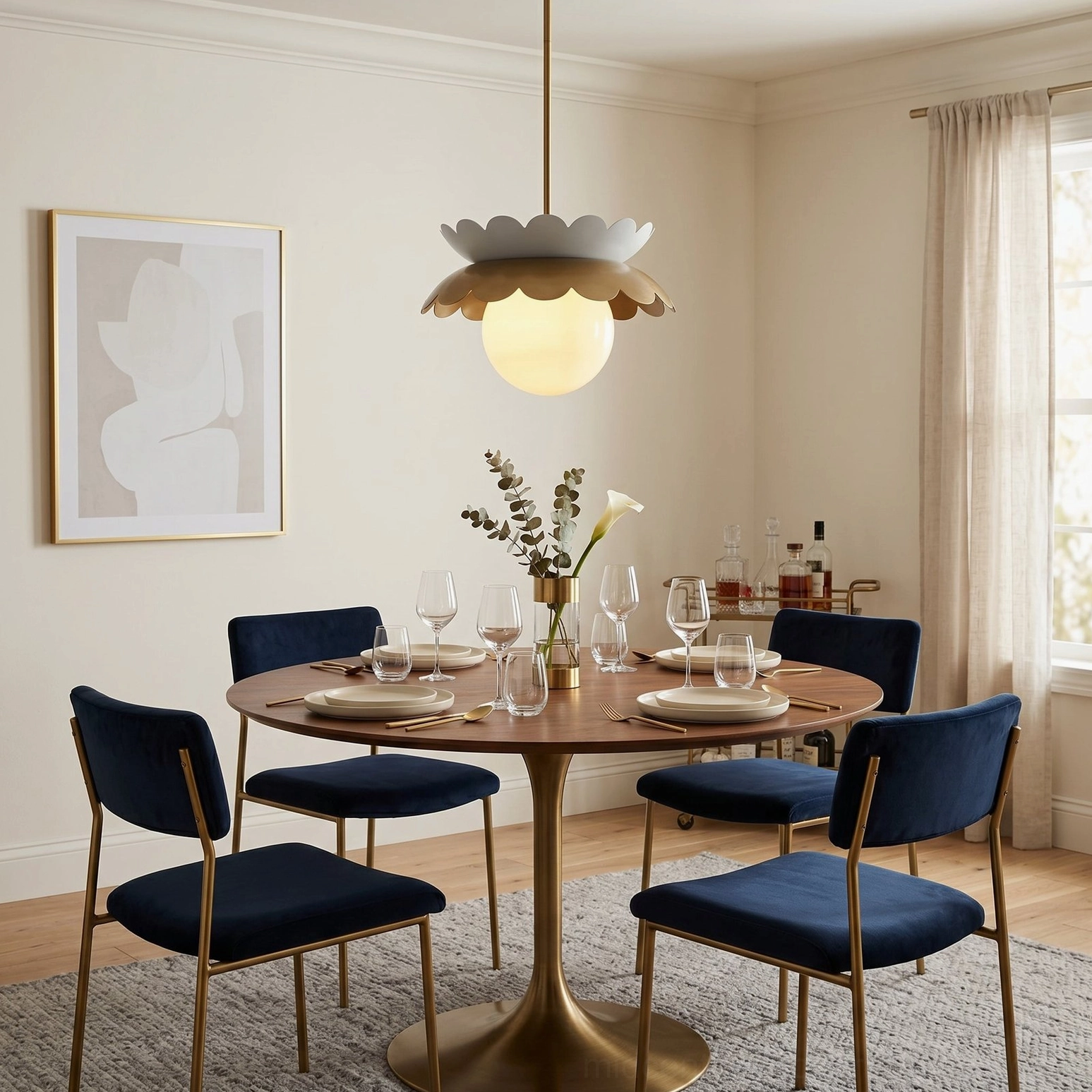 Brass scalloped Capri pendant with frosted glass globe in minimalist modern dining space