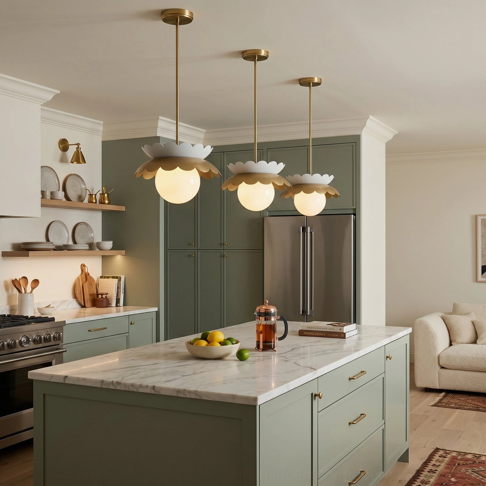 Three Capri scalloped globe pendants clustered above kitchen island in farmhouse modern kitchen