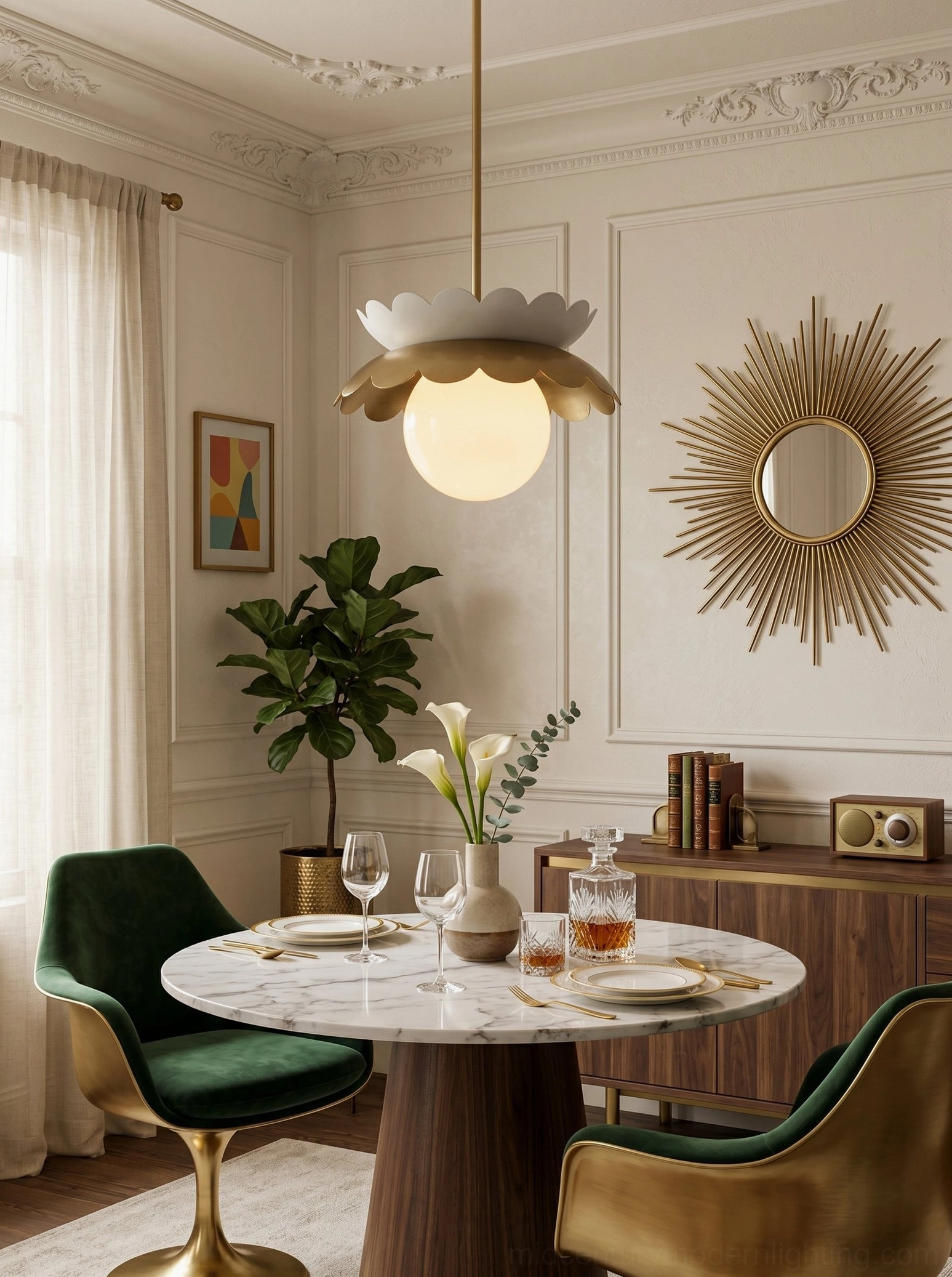 Gold and white Capri globe pendant in vintage glam dining nook with sunburst wall mirror