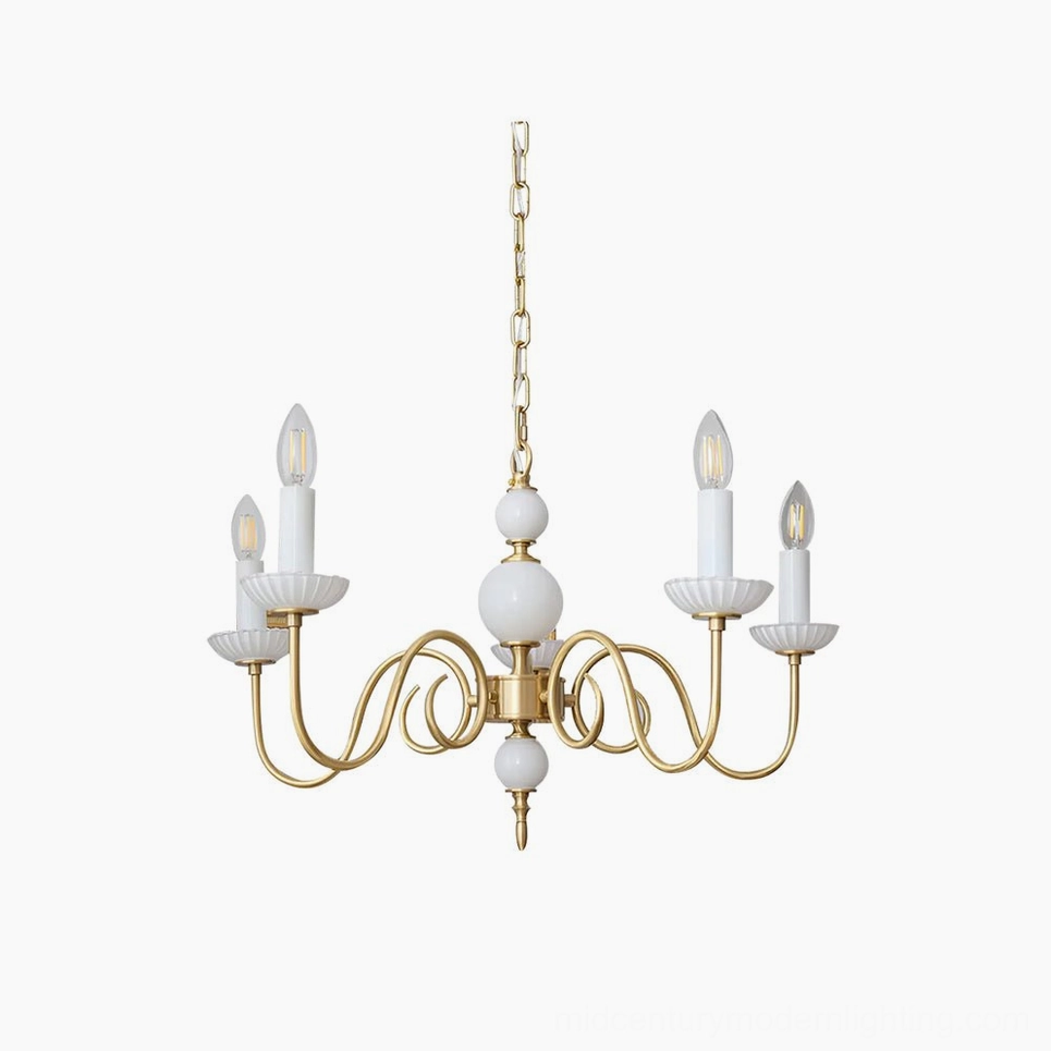Carlita 5-light brass chandelier with white ceramic accents, studio front view on white background