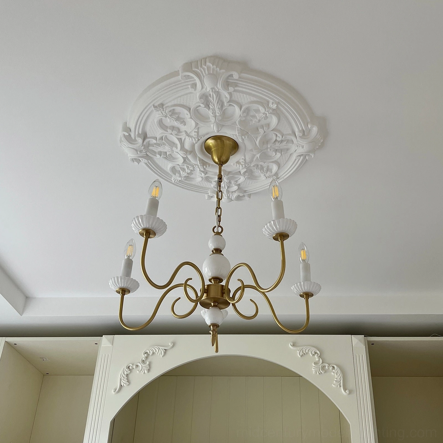 Carlita 5-light brass chandelier ceiling mount installation detail