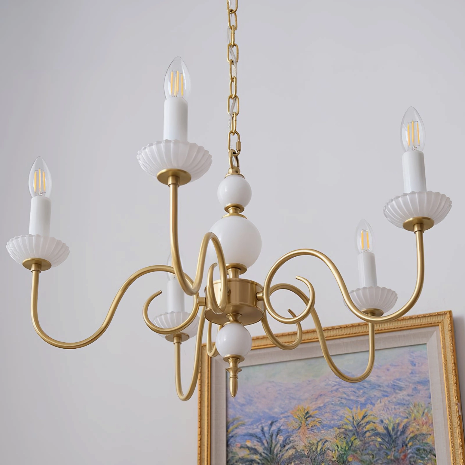 Carlita 5-light brass chandelier white ceramic accents mid-century modern style