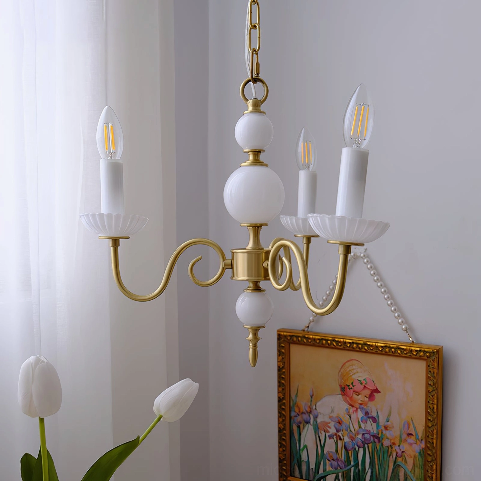 Carlita brass chandelier with E14 bulb bases ready for LED or Edison bulbs