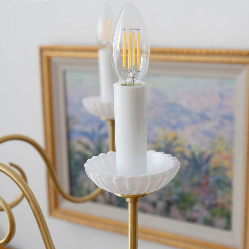 Carlita multi-light brass chandelier front view with white ceramic spheres