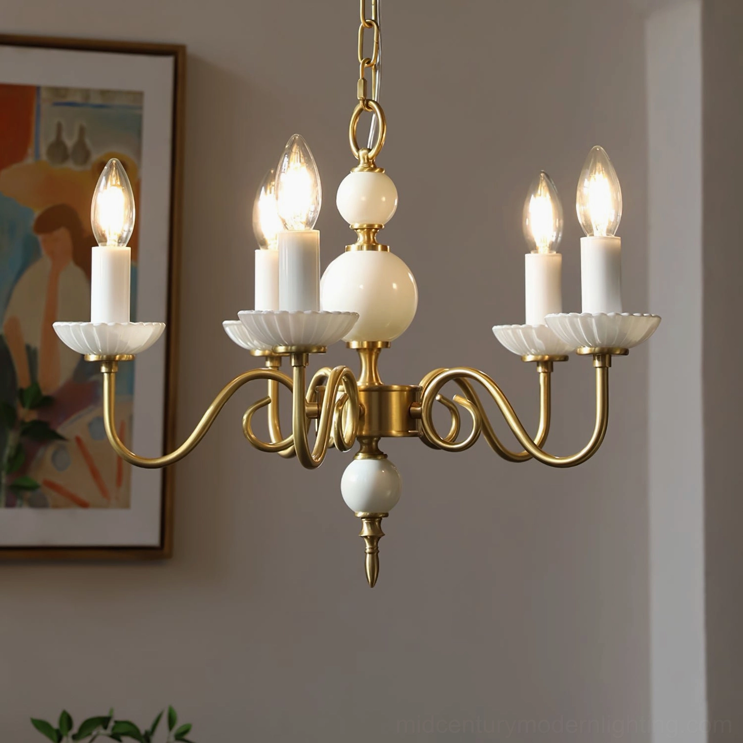 Carlita brass chandelier detail showing adjustable suspension chain attachment