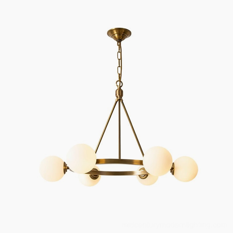 Circular Carolee mid-century modern brass pendant chandelier, bottom-up front view showing globe arrangement