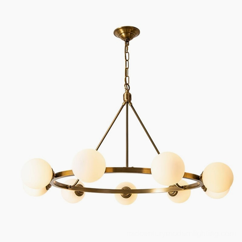 Nine-head Carolee mid-century modern brass chandelier with frosted white glass globes, full fixture detail