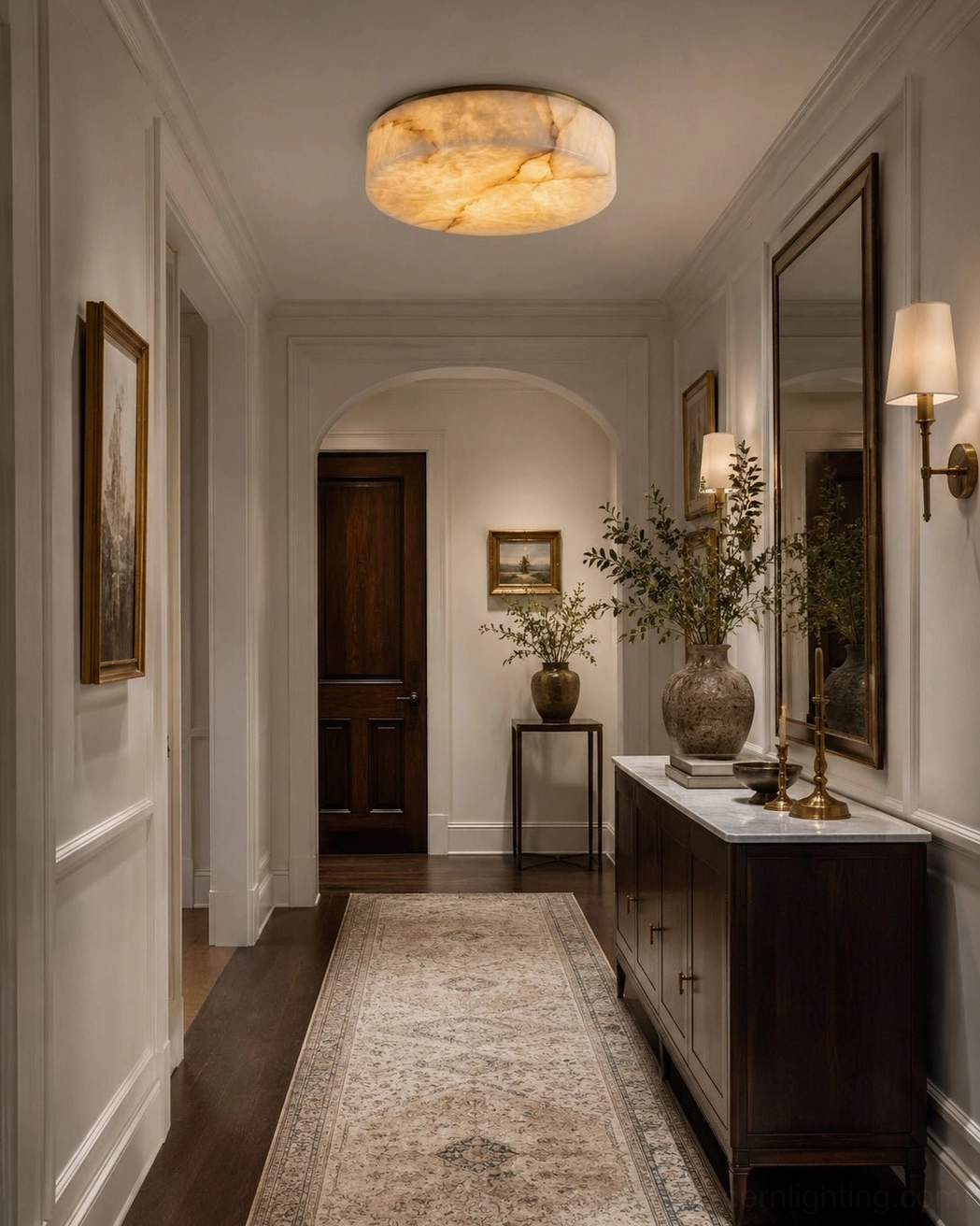 Carrara alabaster flush mount ceiling light with brass frame detail showing natural stone craftsmanship and marble finish