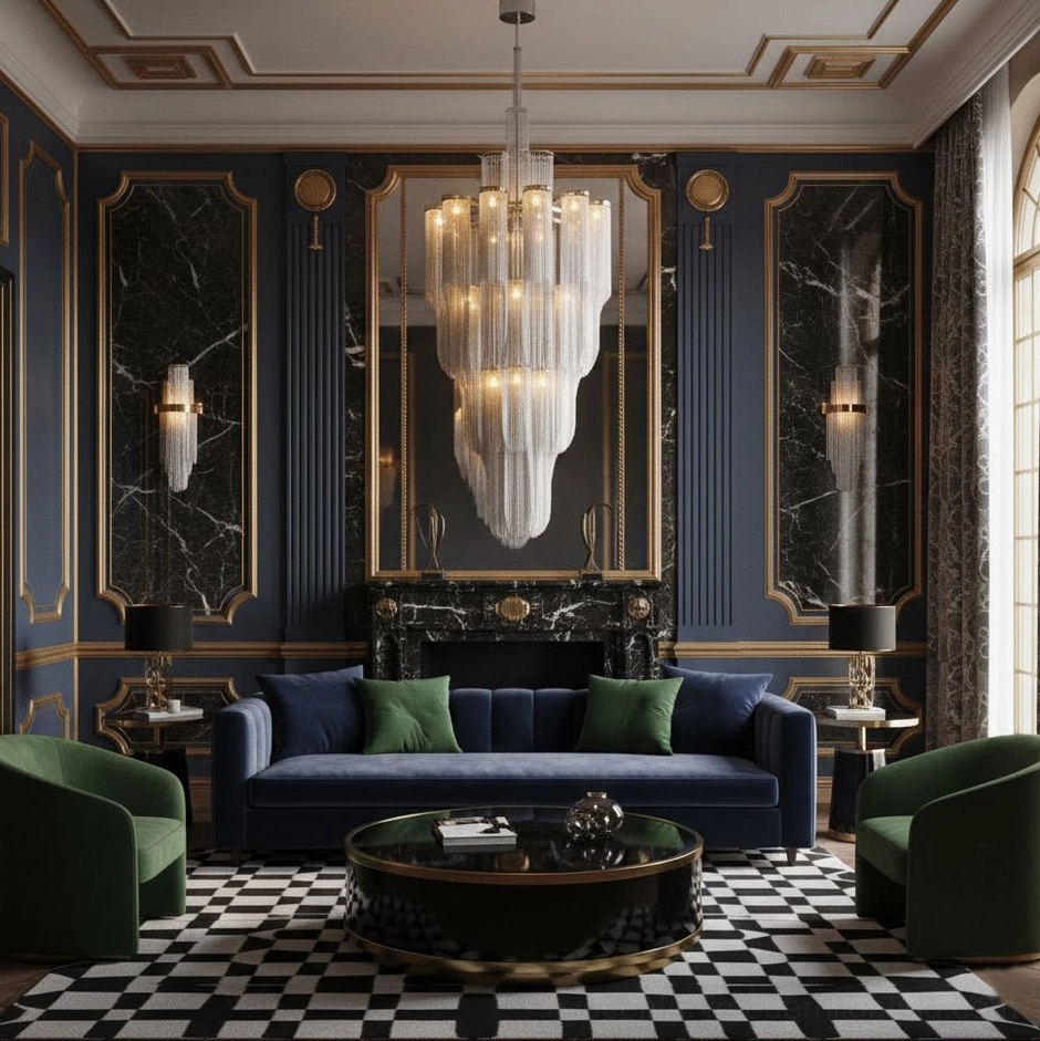 Cascade Silver Chandelier in formal neoclassical living room with checkered marble flooring