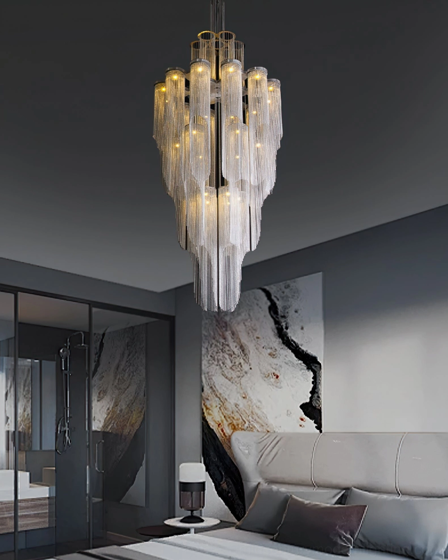 Cascade Silver Chandelier close-up detail showing aluminum chain construction and silver finish